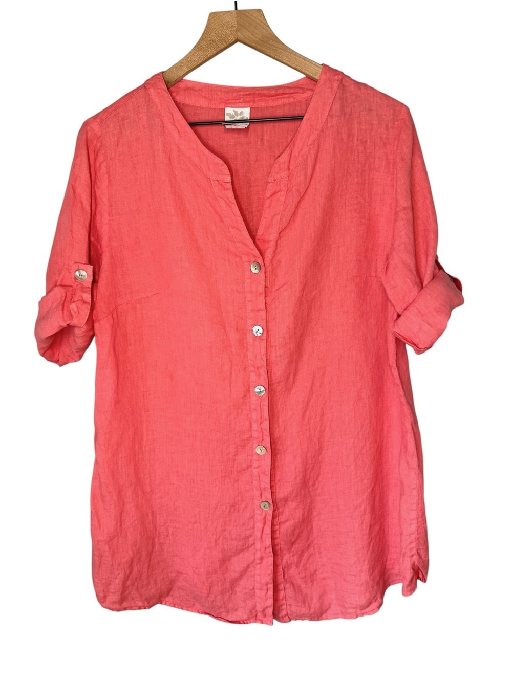 MATCH POINT Linen Coral Button Up Roll Tab Sleeve Oversized Tunic Blouse Sz S